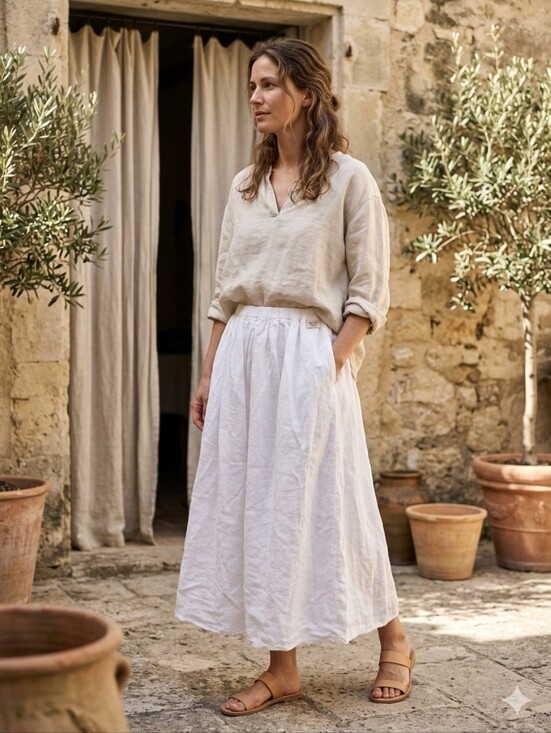 Manuelle Guibal Dresses & Skirts - Manuelle Guibal France White Linen Gathered A-Line Midi Skirt